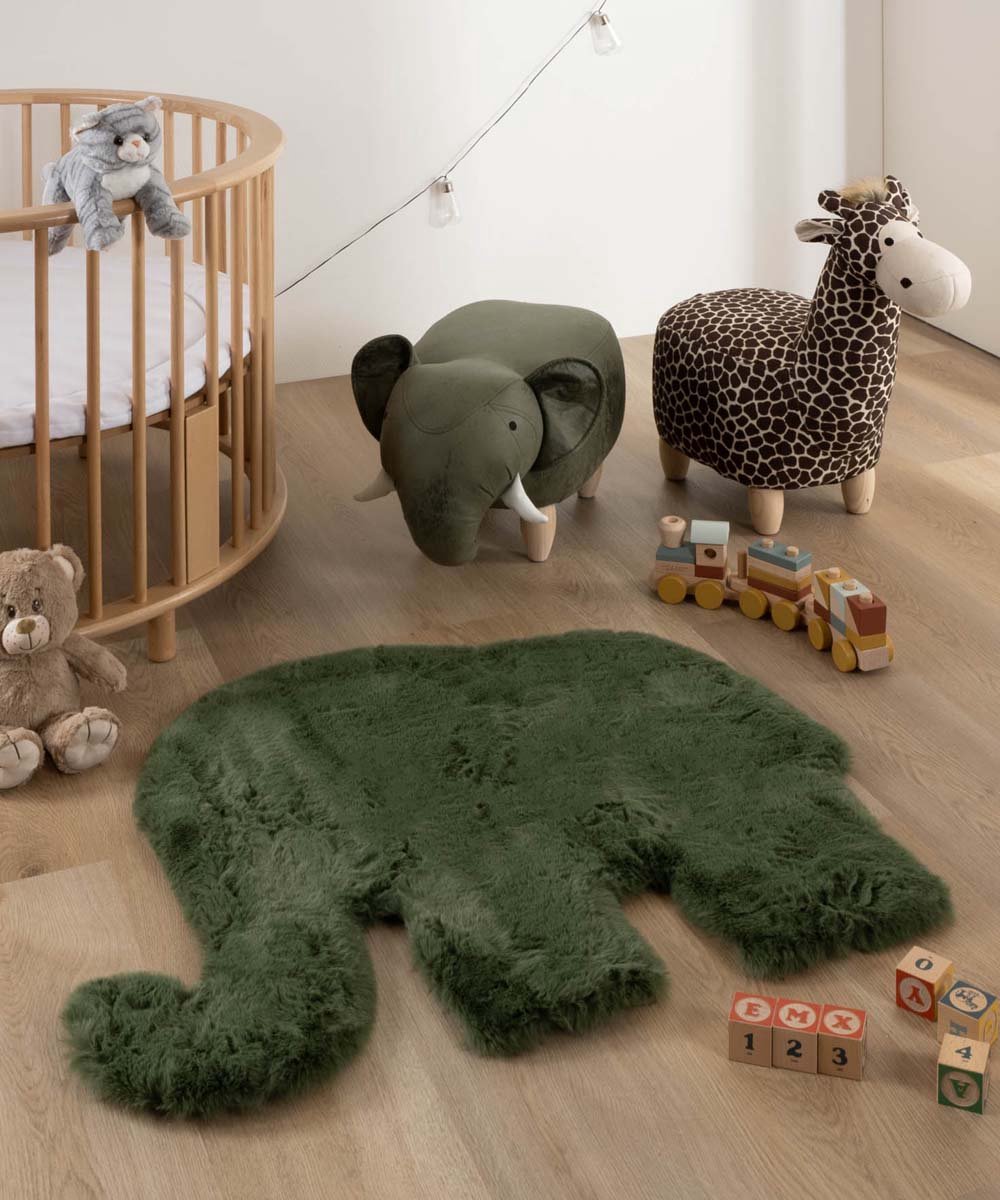 Kindervloerkleed Olifant - Fluffy olijfgroen 80x100 cm