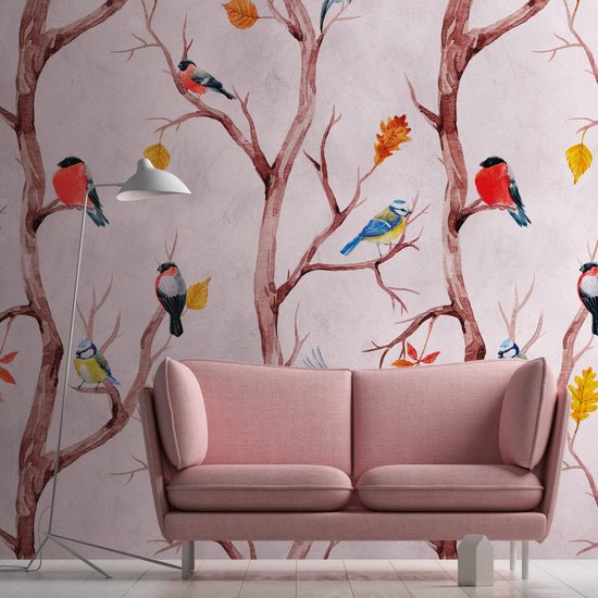 Fotobehang Profhome 382301-GU vliesbehang hardvinyl warmdruk in reliëf glad met Toile de Jouy patroon mat roze bruin geel blauw 1,59 m x 2,8 m