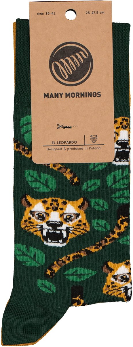 Many Mornings Unisex Socken 'El Leopardo' – Leopardenprint Grün/Orange, Größe 39-42, Crew-Länge