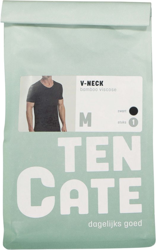 Mintgroene verpakking met een afbeelding van een zwarte bamboe viscose v-hals t-shirt.