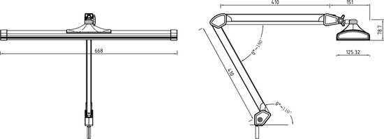 Technische tekening van een zwarte bureaulamp met afmetingen.