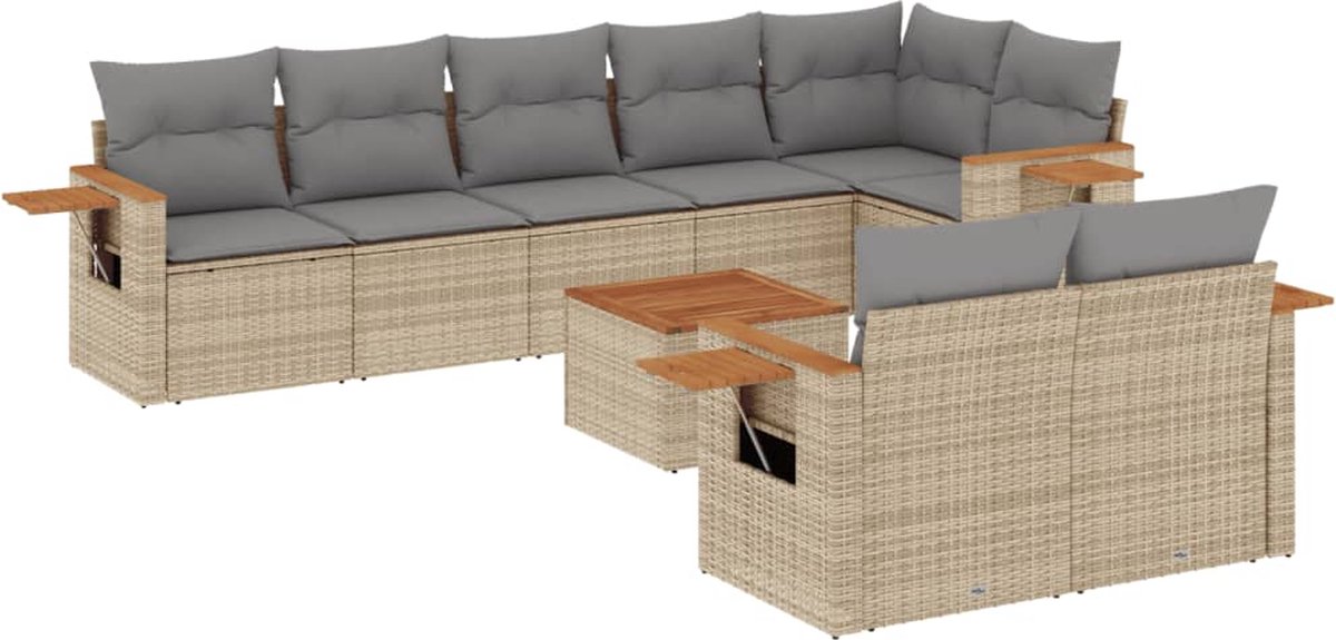 vidaXL 9-delige - Loungeset - met - kussens - poly - rattan - beige
