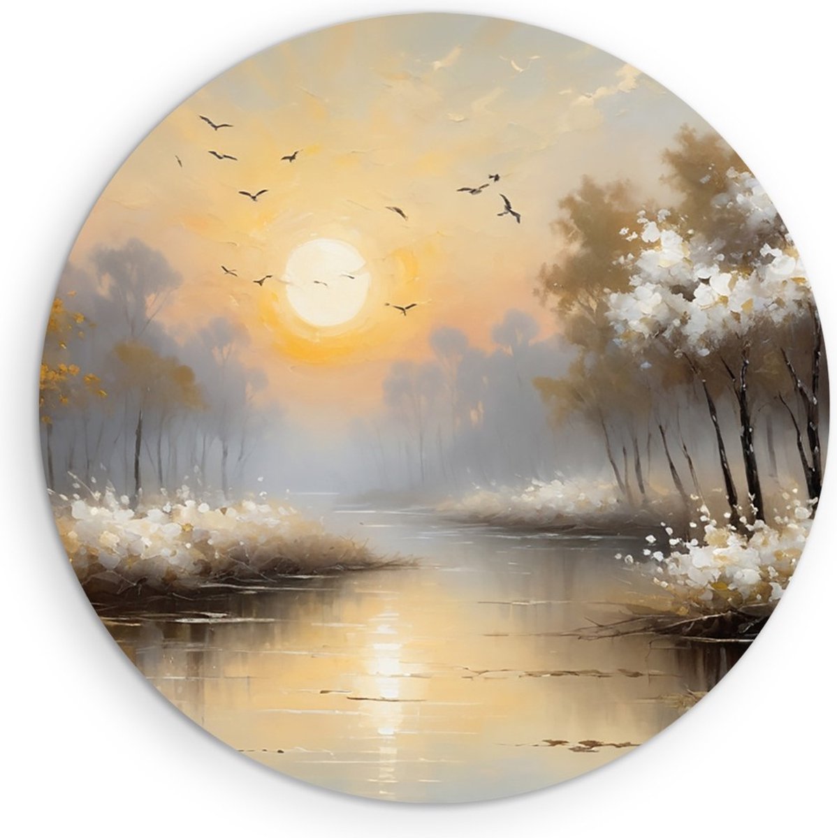 Saammp Forex Muurcirkel - witte landschap met zon - Natuur - Ø 40 - Wandcirkel - Wanddecoratie Cirkel - Muurdecoratie Woonkamer - Slaapkamer decoratie - Rond Schilderij