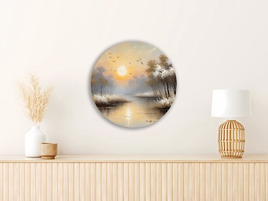 Saammp Forex Muurcirkel - witte landschap met zon - Natuur - Ø 70 - Wandcirkel - Wanddecoratie Cirkel - Muurdecoratie Woonkamer - Slaapkamer decoratie - Rond Schilderij