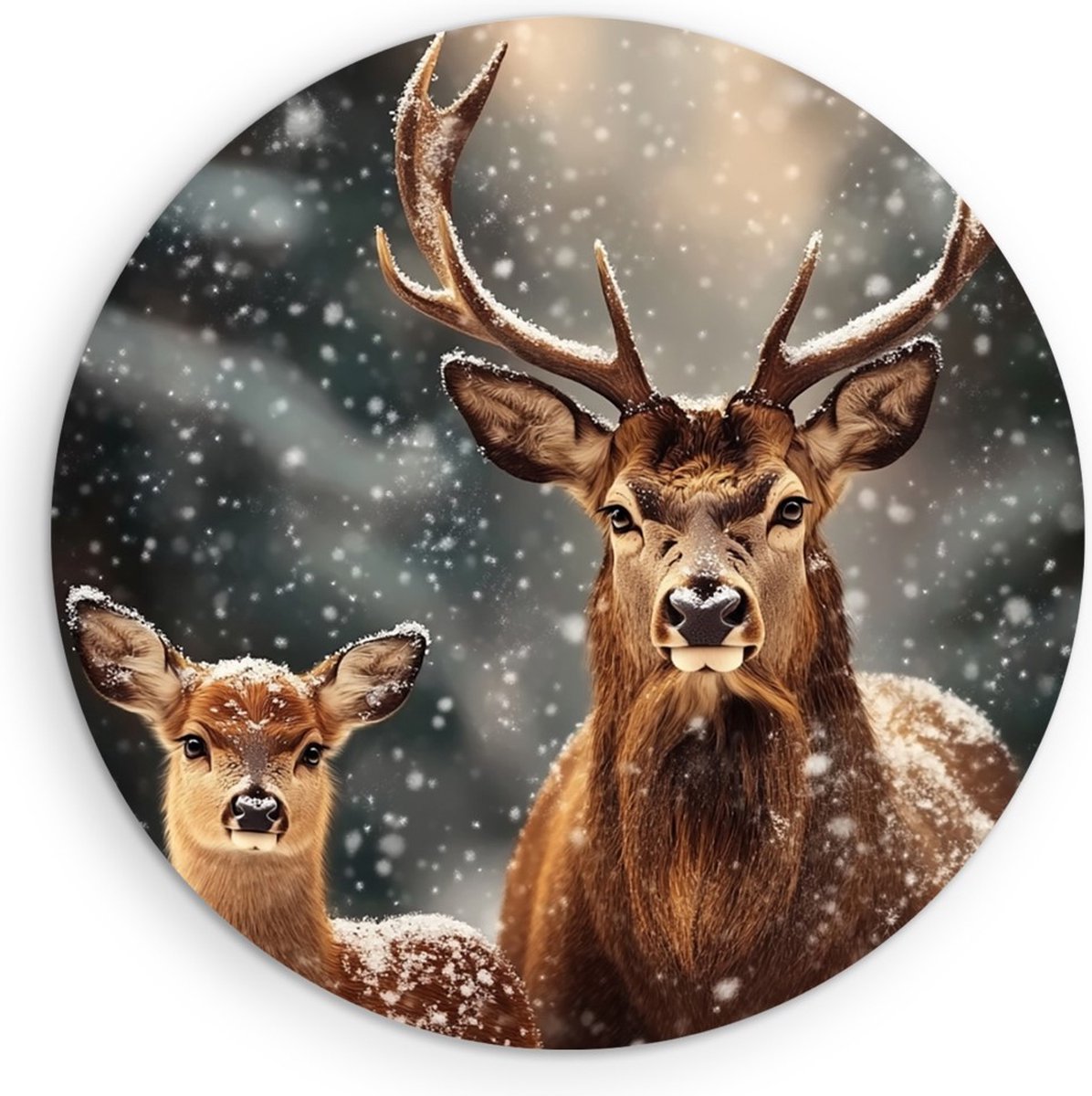Saammp Forex Muurcirkel - herten familie in de sneeuw - Natuur - Dieren - Ø 50 - Wandcirkel - Wanddecoratie Cirkel - Muurdecoratie Woonkamer - Slaapkamer decoratie - Rond Schilderij