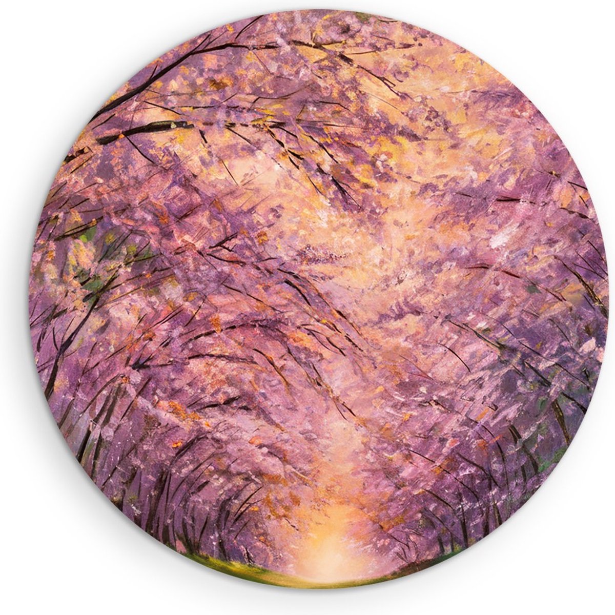 Saammp Muurcirkel Hout - Pad tussen de bomen door - Roze - Landschap - Natuur - Ø 70 - Wandcirkel - Wanddecoratie Cirkel - Muurdecoratie Woonkamer - Slaapkamer decoratie - Rond Schilderij