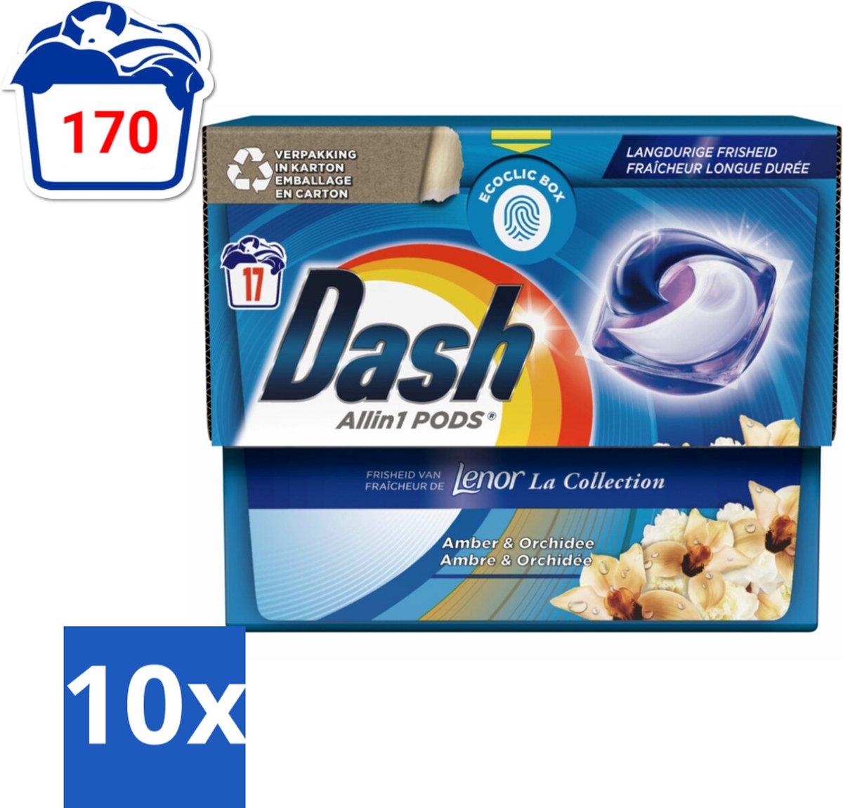 Dash - Lenor Collectie - Wasmiddel Capsules - All-in-1 Pods - Witte en Gekleurde Was - Amber & Orchidee - 17 Wasbeurten - Bulkverpakking - 10 stuks