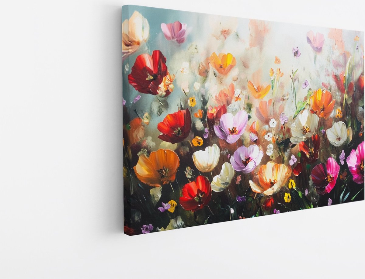 Saammp Canvas Schilderij - Kleurrijk Bloemenveld Schilderij - Abstract - Natuur - 60x40 - Foto op canvas - Wanddecoratie - Modern Interieur - Woonkamer Decoratie Multicolor