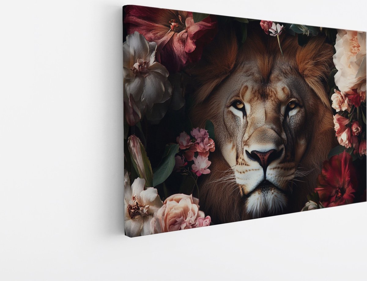 Saammp Canvas Schilderij - Leeuw - Bloemen - Roze - Natuur - Landschap - 120x80 - Foto op canvas - Wanddecoratie - Muurdecoratie Woonkamer - Slaapkamer decoratie - Canvas Print Multicolor
