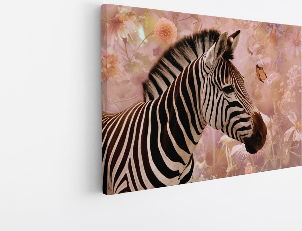 Saammp Canvas Schilderij - Zebra tussen de bloemen - Vlinder - Natuur - Dieren - 40x30 - Foto op canvas - Wanddecoratie - Muurdecoratie Woonkamer - Slaapkamer decoratie - Canvas Print Multicolor