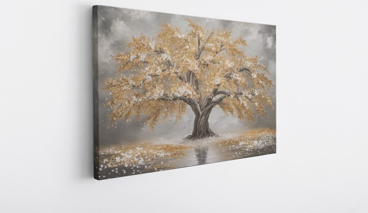 Saammp Canvas Schilderij - Goude winterboom - Abstract - 100x75 - Foto op canvas - Wanddecoratie - Muurdecoratie Woonkamer - Slaapkamer decoratie - Canvas Print Multicolor
