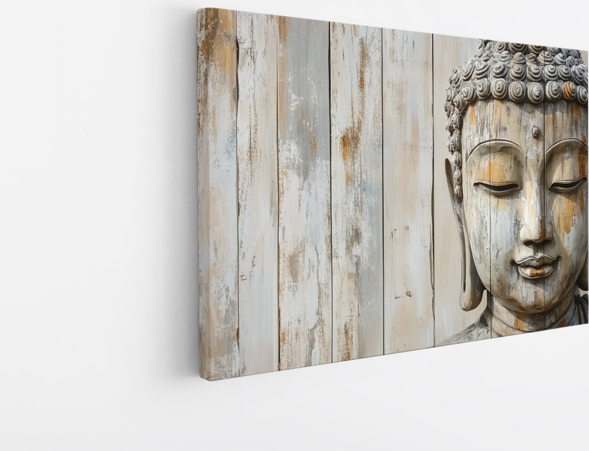 Saammp Canvas Schilderij - Boeddha op hout - 45x30 - Foto op canvas - Wanddecoratie - Muurdecoratie Woonkamer - Canvas schilderijen Multicolor