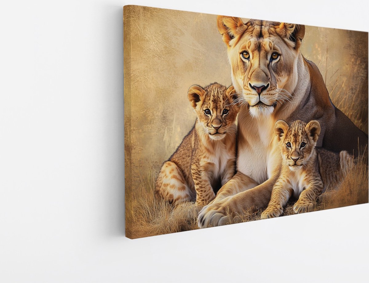 Saammp Canvas Schilderij - Leeuw met 2 welpen - Dieren - Natuur - 45x30 - Foto op canvas - Wanddecoratie - Muurdecoratie Woonkamer - Slaapkamer decoratie - Canvas Print Multicolor