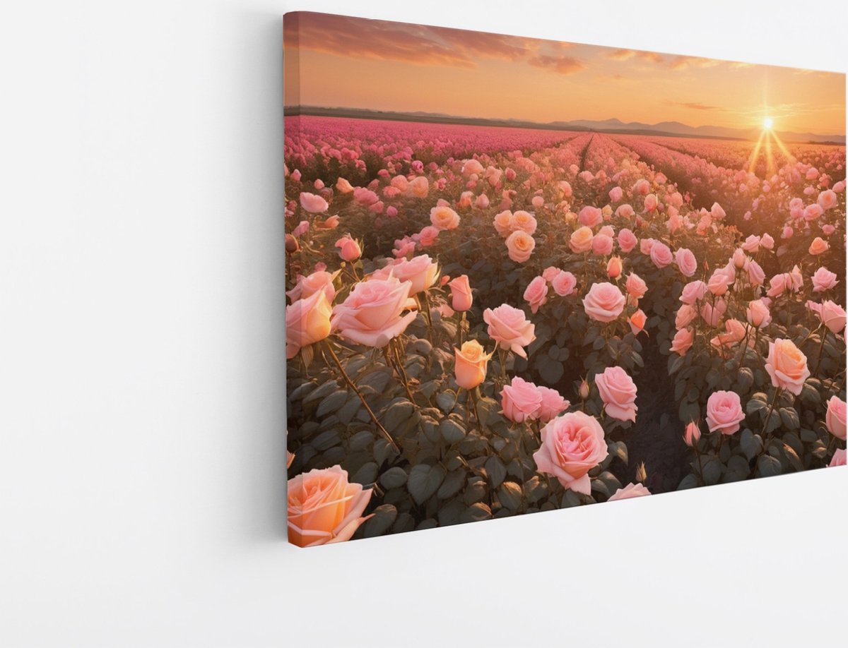 Saammp Canvas Schilderij - Landschap - Roze Bloemenveld - Kleurrijk - 45x30 - Foto op canvas - Wanddecoratie - Muurdecoratie Woonkamer - Slaapkamer decoratie - Canvas Print Multicolor