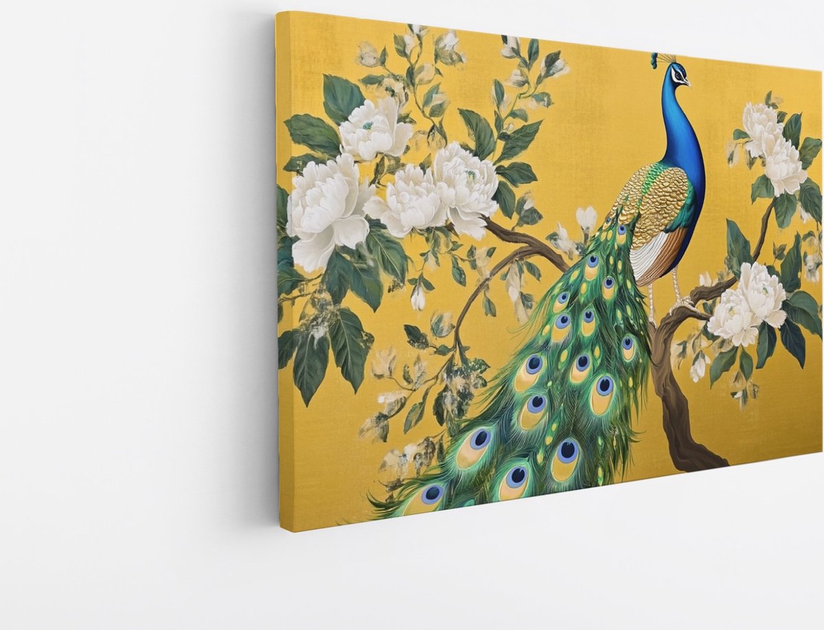 Saammp Canvas Schilderij - Pauw met witte Bloemen - Vintage - Dieren - Natuur - 30x20 - Foto op canvas - Wanddecoratie - muurdecoratie Woonkamer - Slaapkamer decoratie - Canvas Print Multicolor