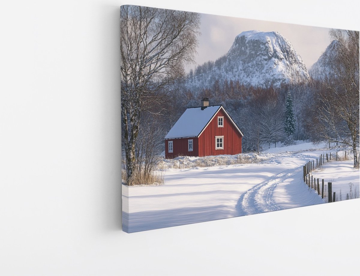 Saammp Canvas Schilderij - Natuur - Rood huis in de sneeuw - landschap - 150x100 - Foto op canvas - Wanddecoratie - Muurdecoratie Woonkamer - Slaapkamer decoratie - Canvas Print Multicolor