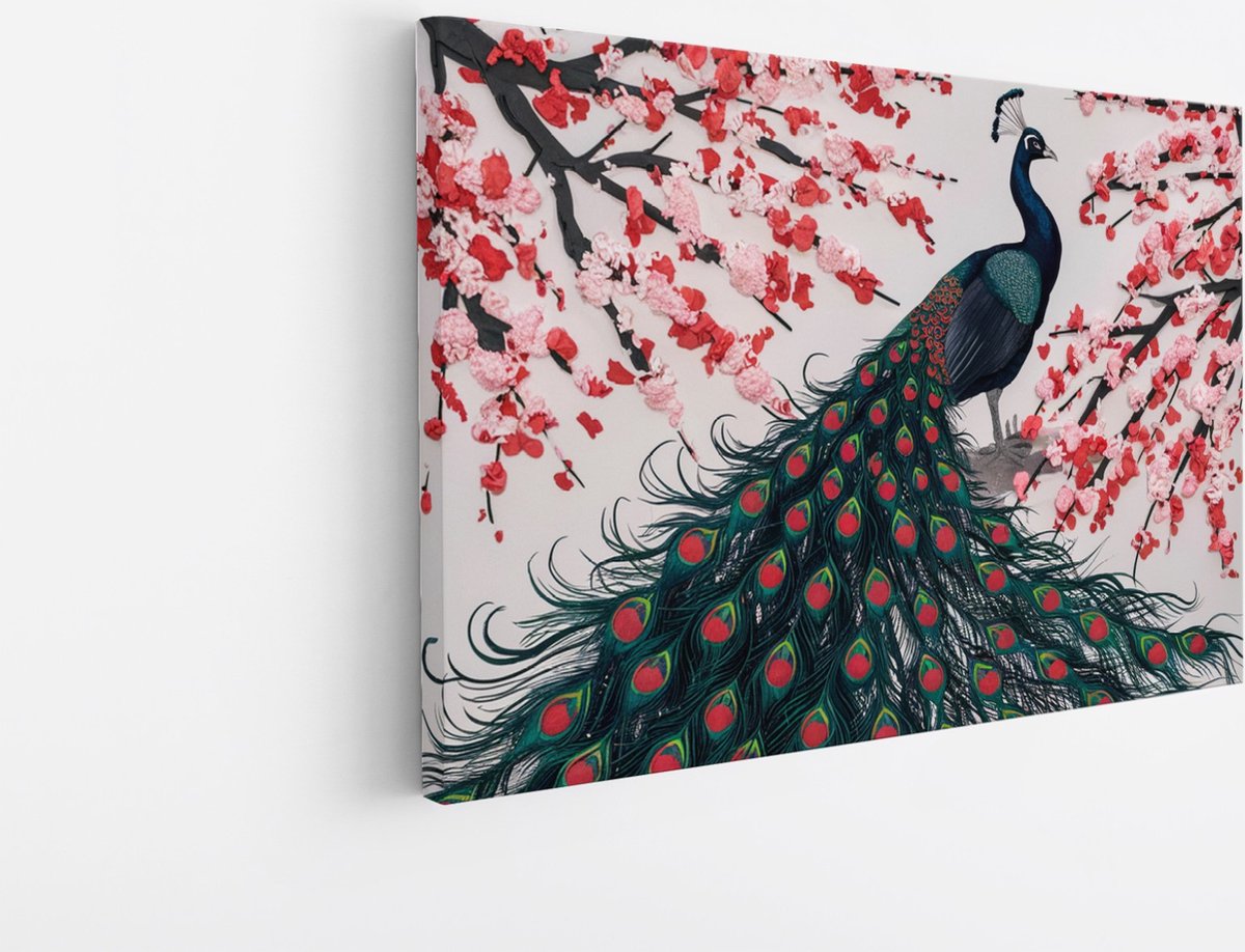 Saammp Canvas Schilderij - Pauw tussen de Rode bloemen - Dieren - Natuur - 90x60 - Foto op canvas - Wanddecoratie - muurdecoratie Woonkamer - Slaapkamer decoratie - Canvas Print Multicolor