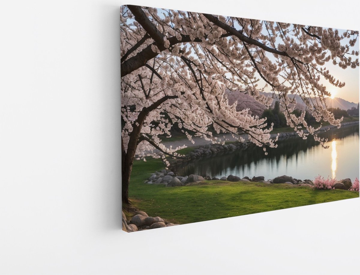 Saammp Canvas Schilderij - Roze boom met zonsopgang - Abstract - 120x80 - Foto op canvas - Wanddecoratie - Muurdecoratie Woonkamer - Kantoor Decoratie Multicolor