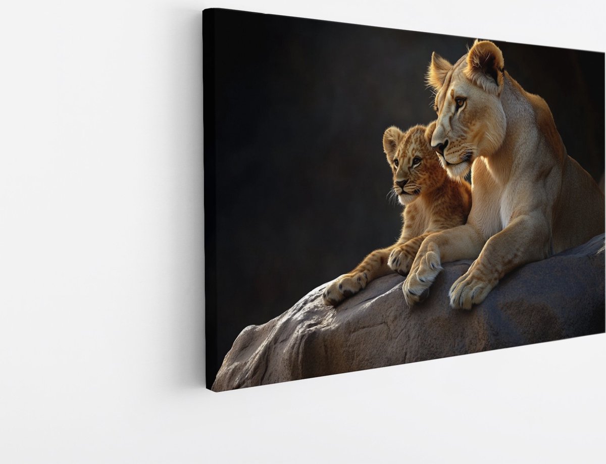 Saammp Canvas Schilderij - Leeuwin met welp op steen - Dieren - Natuur - 100x75 - Foto op canvas - Wanddecoratie - Muurdecoratie Woonkamer - Slaapkamer decoratie - Canvas Print Multicolor