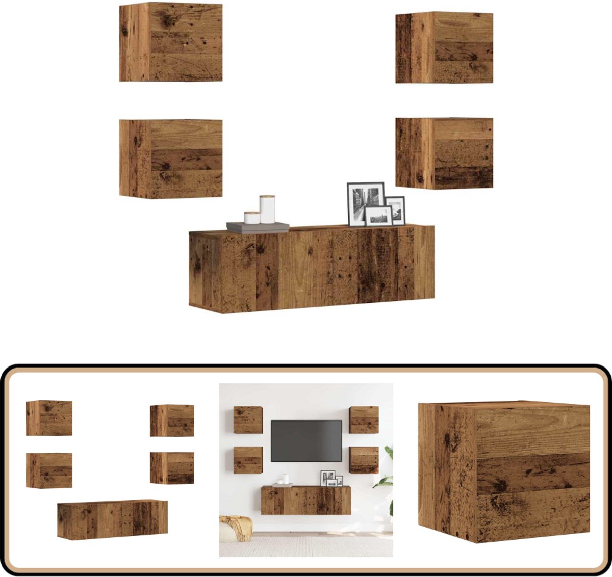 VidaXL Tv-meubelset 5-delig Bewerkt hout Oud hout Tv Meubel Set Tv Kast Wandmontage Tv Meubilair Houten Tv Meubel Vintage Tv Stand