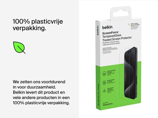 Belkin verpakking voor een screenprotector voor iPhone 15 Pro. "100% plasticvrije verpakking."