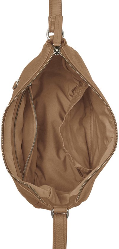Lichtbruine Burkely crossbody tas van soepel leer, open met zichtbare binnenvakken.
