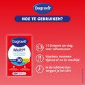 Verpakking Dagravit Multi+: 30 multivitaminen en mineralen. Hoe te gebruiken: 1-3 dragees per dag, bij voorkeur tijdens of na de maaltijd, in de ochtend.