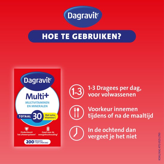 Verpakking Dagravit Multi+: 30 multivitaminen en mineralen. Hoe te gebruiken: 1-3 dragees per dag, bij voorkeur tijdens of na de maaltijd, in de ochtend.