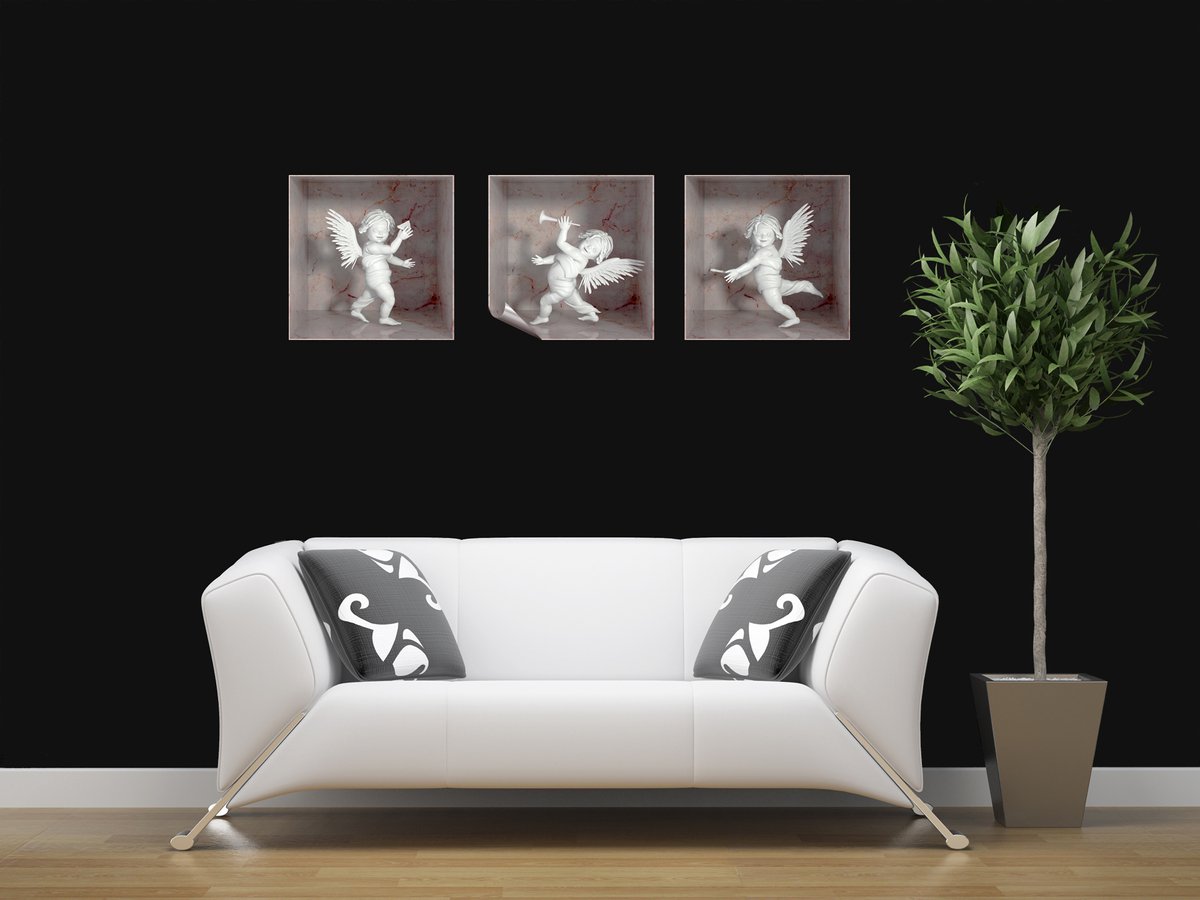 Ambiance Sticker 3D-sticker met 3 engeltjes in wit en roze marmer, 30 x 90 cm Multi color
