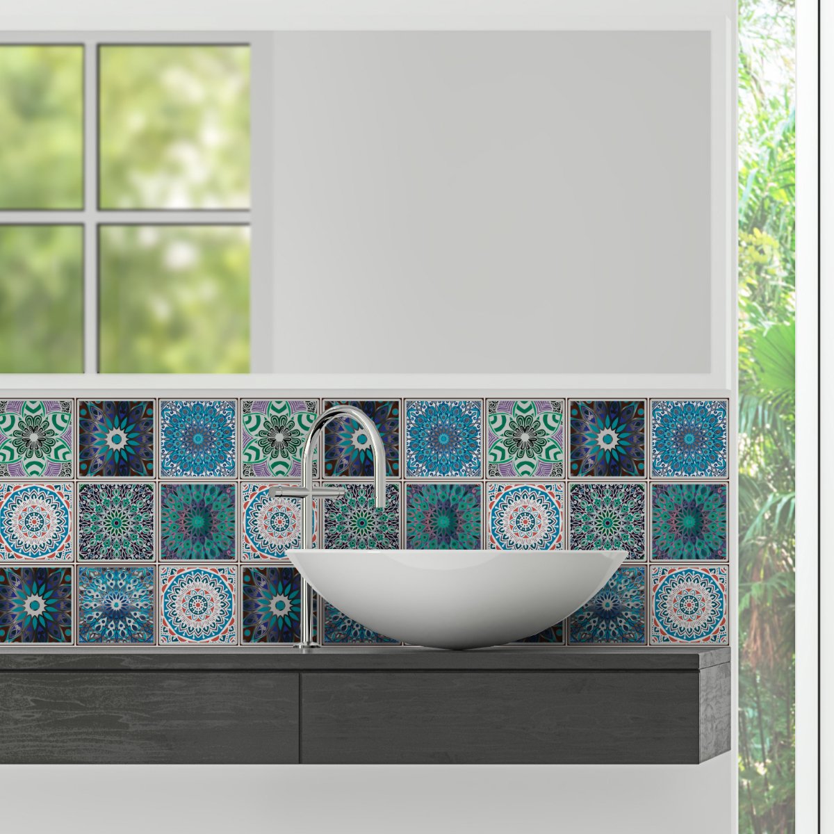 Ambiance Sticker Muurstickers - Zelfklevende tegelmuurstickers voor keuken en badkamer - 9 Boheemse Coatzin tegelstickers - 9 stickers 15x15cm Multi color