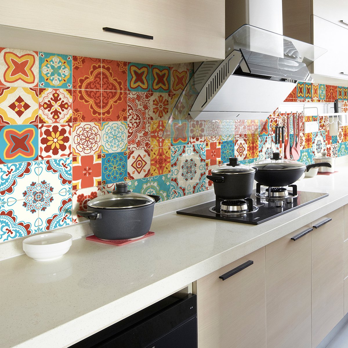 Ambiance Sticker Zelfklevende tegelmuurstickers voor keuken en badkamer - 60 cementtegelstickers, Azulejos Giulia Design - 60 stickers, 20x20cm Multi color