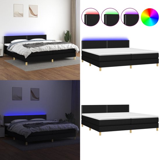 vidaXL Boxspring avec matelas et tissu LED Noir 200x200 cm - Boxspring - Sommiers - Lit - Meubles de couchage
