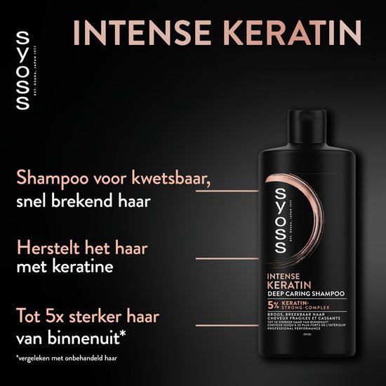 Zwarte fles Syoss Intense Keratin Deep Caring Shampoo met tekst over shampoo voor kwetsbaar haar.