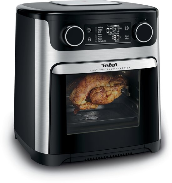 Tefal Easy Fry Multifunction airfryer met gebraden kip, met roestvrijstalen afwerking.