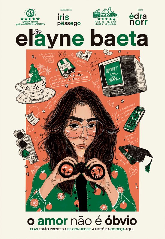 Couverture de livre avec une illustration d'une femme à lunettes regardant dans des jumelles, entourée de divers dessins et textes. Titre: o amor não é óbvio.