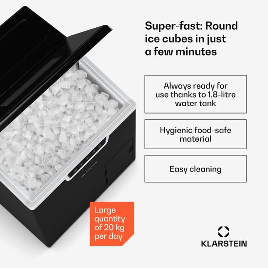 Klarstein IJsblokjesmachine Icefestival Cube - 20 kg/24 uur, 400 W, ijsblokjes en geraspt ijs, 1,9 liter opslagreservoir, automatische reiniging, zwart,1,8L 40 cm - voor Bar voor Thuis - Zelfreinigend LED Crushed Ice RVS - RVS van Klarstein — afbeelding 2