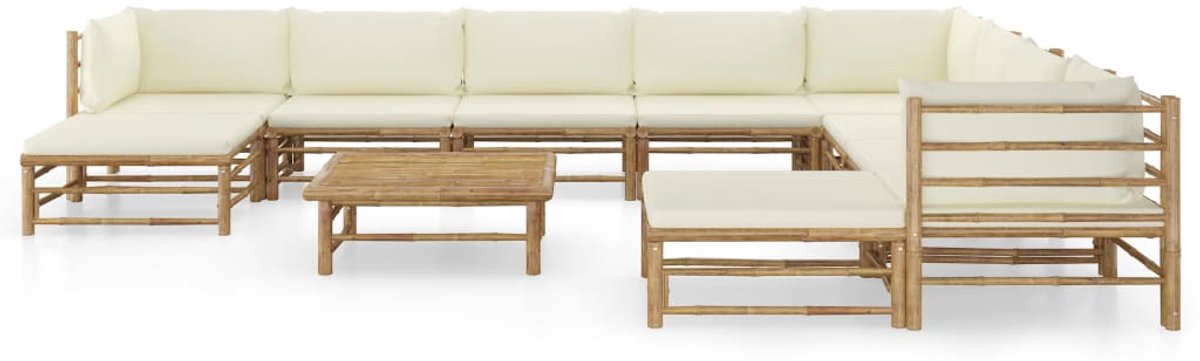 The Living Store 11-delige Loungeset met crèmewitte kussens bamboe - Bamboelounge - Loungeset - Buitendiner - Tuinlounge - Outdoorliving