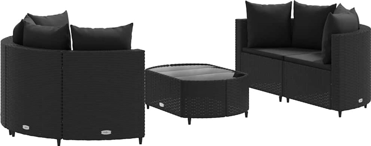 Zwarte poly rattan loungeset met kussens voor buiten - The Living Store.