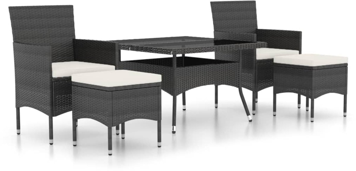The Living Store 5-delige Tuinset poly rattan en gehard glas zwart - Eetkamer Set - Tuinset - Poly Rattan - Zwarte Eetkamerstoel - Buitentafel