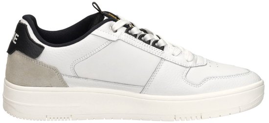 Sneaker blanche avec détail en suède gris et noir au talon.