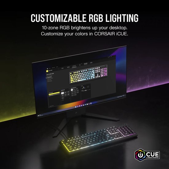 Zwart gaming toetsenbord met RGB-verlichting, naast een monitor waarop de aanpasbare verlichting wordt getoond.