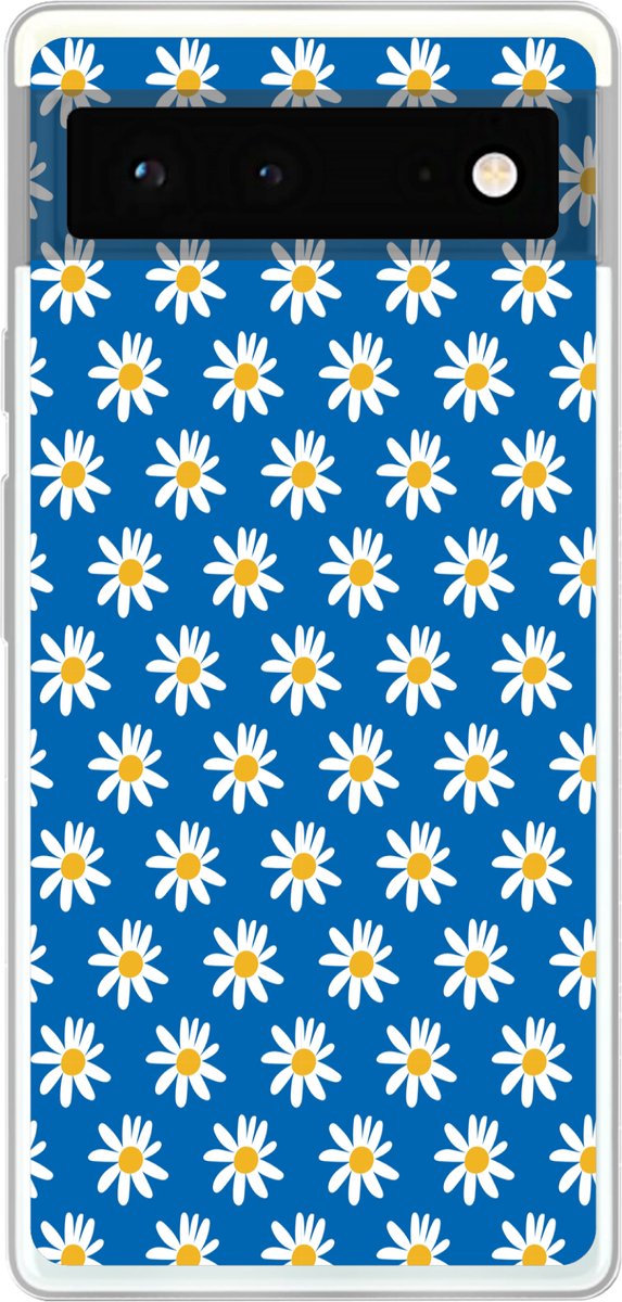 Telefoonhoesje Geschikt voor Google Pixel 6 hoesje - Madeliefjes - Patroon - Blauw - Bloemen - Siliconen Telefoonhoesje Telefoonhoesje