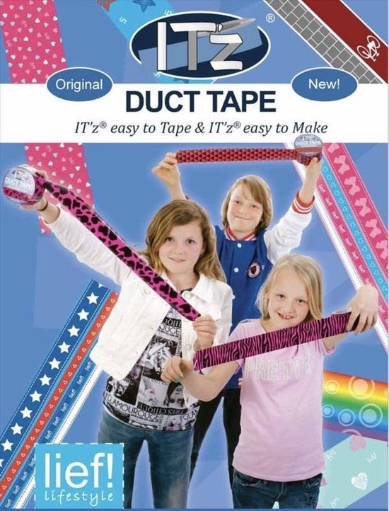 Drie kinderen houden stroken IT'z Duct Tape vast. Linker kind met luipaardprint, middelste met zebraprint, rechter kind met sterren en strepen.