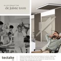 Twee collages: links drukke mensen, rechts een man die ontspant in een kantoor met lamellenwand.