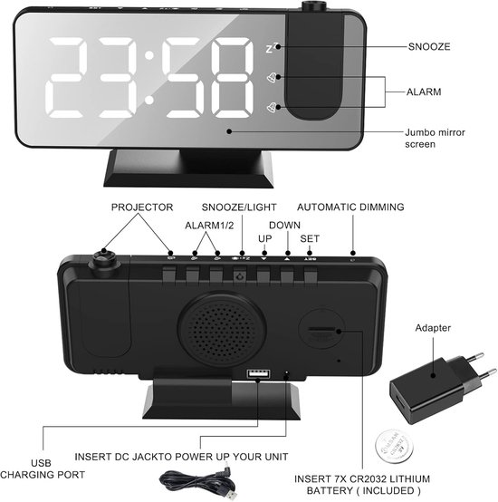 Wekker met projectie voor slaapkamer, projectieklok met 5 dimmers, nachtlampje, weekend/weekdagmodus, type C/USB-oplader, 12/24 uur/DST, snooze, batterijback-up, digitale klok voor ouderen, kinderen