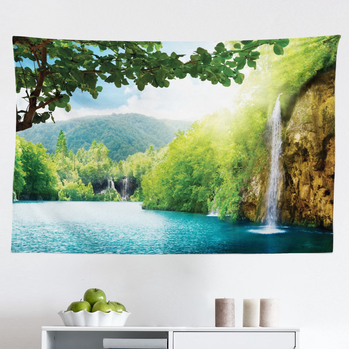 New Bed Landschap Kroatisch Meer en Bos Wandkleed, Stoffen Muurdecoratie, 230 cm 140 cm