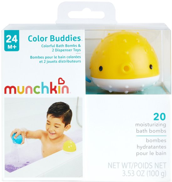Doos met 'Color Buddies', een gele kogelvis en een jongen in bad met een blauwe walvis.