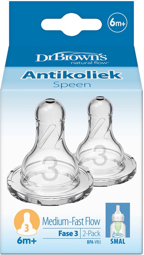 Verpakking van Dr. Brown's Options+ Fase 3 speentjes voor flessen met smalle hals. Medium-Fast Flow. 6m+.