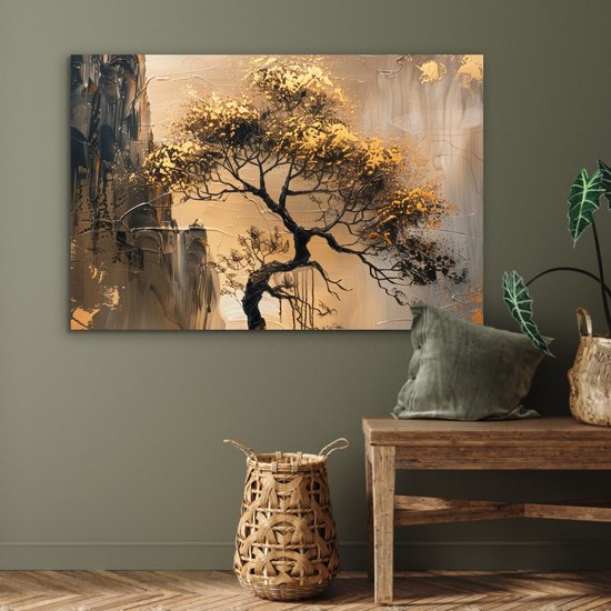 Décoration murale Métal - Peinture Aluminium Industriel - Arbre - Or - Paysage - Peinture - 120x80 cm - Dibond - Photo sur aluminium - Décoration murale industrielle - Pour le salon/chambre