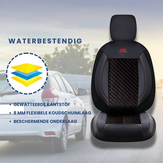 Housses de siège de voiture pour Volkswagen T-Roc 2017 sur mesure| Ensemble de 2 pièces | Siège conducteur + passager série AIS | AIS101 | Zwart avec coutures rouges